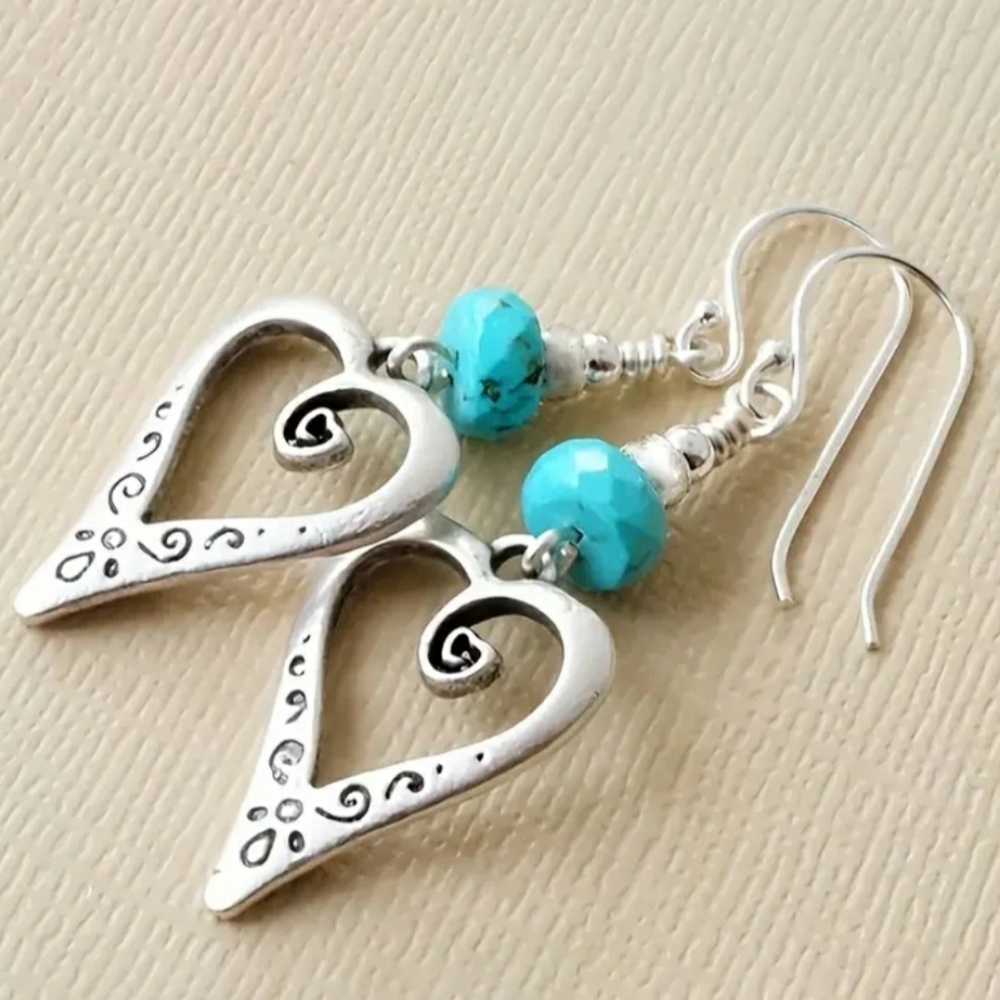 NEW Turquoise and Silver Hollow Heart Shaped Dangle Earrings